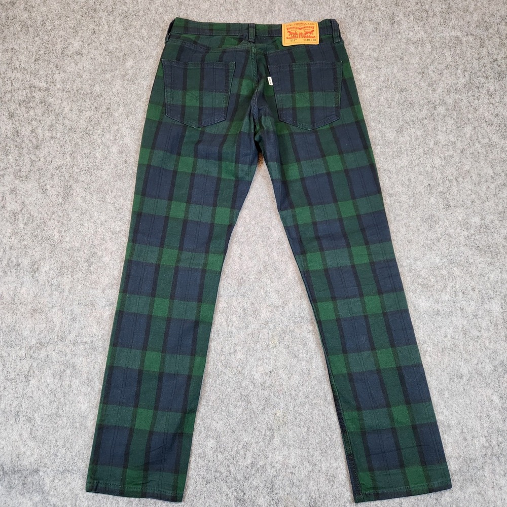 Levi 511 Slim Fit Pants Men 30x30 Green Black Watch Plaid Tartan Check Trousers - Picture 5 of 12